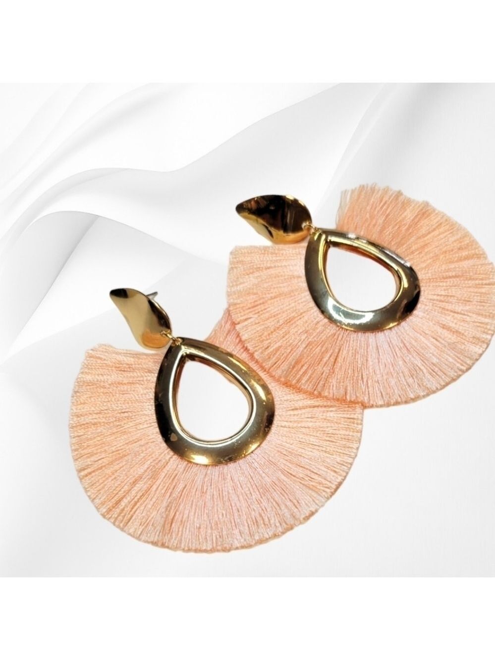 Large Peachy/Soft Pink Bohemian Tassel/Fringe Water Drop Dangle Earrings (#E13)